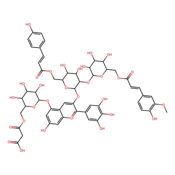 2D Structure of 3-[[(2R,3R,4S,5R,6S)-6-[3-[(2S,3R,4S,5R,6R)-4,5-dihydroxy-6-[3-(4-hydroxyphenyl)prop-2-enoyloxymethyl]-3-[(2S,3R,4S,5R,6R)-3,4,5-trihydroxy-6-[3-(4-hydroxy-3-methoxyphenyl)prop-2-enoyloxymethyl]oxan-2-yl]oxyoxan-2-yl]oxy-7-hydroxy-2-(3,4,5-trihydroxyphenyl)chromenylium-5-yl]oxy-3,4,5-trihydroxyoxan-2-yl]methoxy]-3-oxopropanoic acid