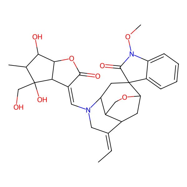 2D Structure of 5-[[4,6-Dihydroxy-4-(hydroxymethyl)-5-methyl-2-oxo-3a,5,6,6a-tetrahydrocyclopenta[b]furan-3-ylidene]methyl]-7-ethylidene-1'-methoxyspiro[11-oxa-5-azatricyclo[6.3.1.04,9]dodecane-2,3'-indole]-2'-one
