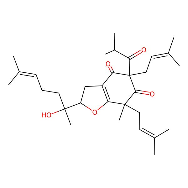 2D Structure of (2S,5R,7S)-2-[(2S)-2-hydroxy-6-methylhept-5-en-2-yl]-7-methyl-5,7-bis(3-methylbut-2-enyl)-5-(2-methylpropanoyl)-2,3-dihydro-1-benzofuran-4,6-dione
