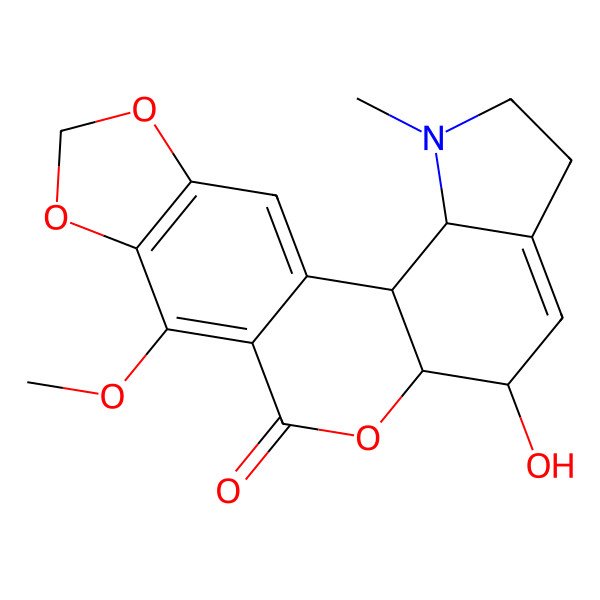 2D Structure of 9-Hydroxy-14-methoxy-4-methyl-11,16,18-trioxa-4-azapentacyclo[11.7.0.02,10.03,7.015,19]icosa-1(20),7,13,15(19)-tetraen-12-one