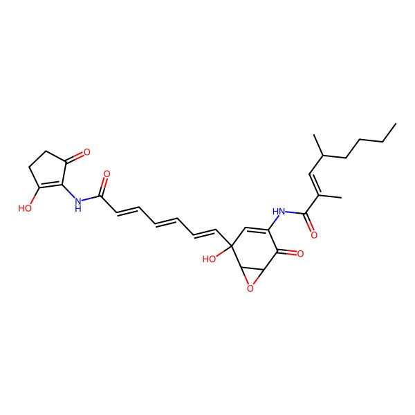2D Structure of (E,4S)-N-[(1S,5S,6R)-5-hydroxy-5-[(1E,3E,5E)-7-[(2-hydroxy-5-oxocyclopenten-1-yl)amino]-7-oxohepta-1,3,5-trienyl]-2-oxo-7-oxabicyclo[4.1.0]hept-3-en-3-yl]-2,4-dimethyloct-2-enamide