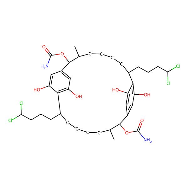 2D Structure of [13-Carbamoyloxy-8,19-bis(4,4-dichlorobutyl)-10,21,24,26-tetrahydroxy-3,14-dimethyl-2-tricyclo[18.2.2.29,12]hexacosa-1(22),9,11,20,23,25-hexaenyl] carbamate