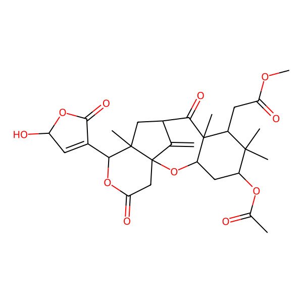 2D Structure of methyl 2-[(1S,3S,5R,7S,8R,10S,12S,13R)-5-acetyloxy-13-[(2S)-2-hydroxy-5-oxo-2H-furan-4-yl]-6,6,8,12-tetramethyl-17-methylidene-9,15-dioxo-2,14-dioxatetracyclo[8.6.1.01,12.03,8]heptadecan-7-yl]acetate