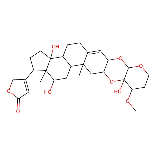 2D Structure of 3-[(3R,5S,9S,10S,12R,14R,15R,17S,18S,19R,22S,23R)-10,17,22-trihydroxy-9-methoxy-14,18-dimethyl-4,6,11-trioxahexacyclo[12.11.0.03,12.05,10.015,23.018,22]pentacos-1-en-19-yl]-2H-furan-5-one