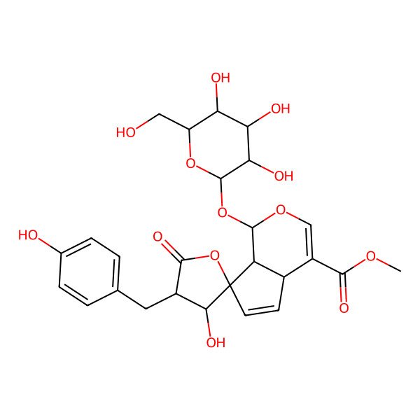 2D Structure of methyl 3'-hydroxy-4'-[(4-hydroxyphenyl)methyl]-5'-oxo-1-[3,4,5-trihydroxy-6-(hydroxymethyl)oxan-2-yl]oxyspiro[4a,7a-dihydro-1H-cyclopenta[c]pyran-7,2'-oxolane]-4-carboxylate