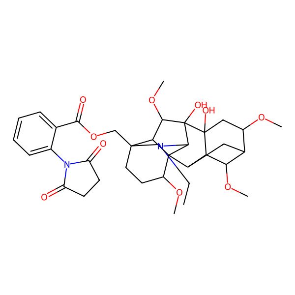 2D Structure of [(1S,5R,6S,8R,9S,13S,16S)-11-ethyl-8,9-dihydroxy-4,6,16,18-tetramethoxy-11-azahexacyclo[7.7.2.12,5.01,10.03,8.013,17]nonadecan-13-yl]methyl 2-(2,5-dioxopyrrolidin-1-yl)benzoate