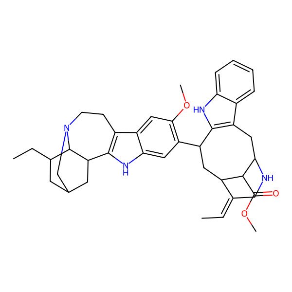 2D Structure of methyl (1S,12R,14S,18S)-15-ethylidene-12-[(1R,15S,17S,18S)-17-ethyl-7-methoxy-3,13-diazapentacyclo[13.3.1.02,10.04,9.013,18]nonadeca-2(10),4,6,8-tetraen-6-yl]-10,17-diazatetracyclo[12.3.1.03,11.04,9]octadeca-3(11),4,6,8-tetraene-18-carboxylate
