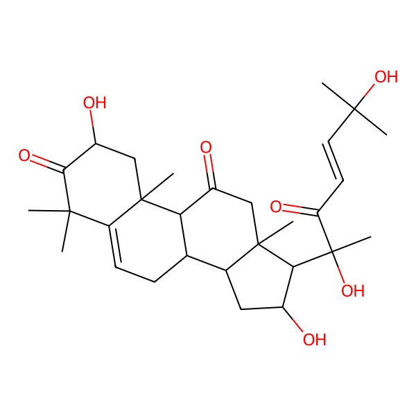 2D Structure of (2S,8S,9R,10S,13S,14S,16R,17R)-17-[(E,2R)-2,6-dihydroxy-6-methyl-3-oxohept-4-en-2-yl]-2,16-dihydroxy-4,4,10,13-tetramethyl-1,2,7,8,9,12,14,15,16,17-decahydrocyclopenta[a]phenanthrene-3,11-dione