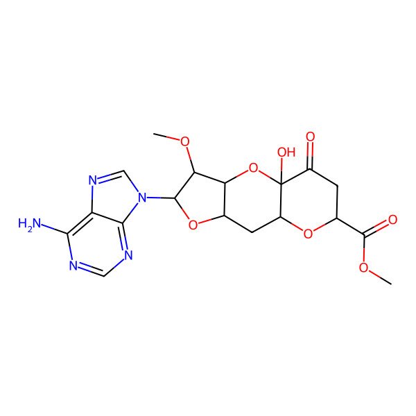 2D Structure of methyl (1R,3S,4R,7R,9R,11S)-5-(6-aminopurin-9-yl)-1-hydroxy-4-methoxy-13-oxo-2,6,10-trioxatricyclo[7.4.0.03,7]tridecane-11-carboxylate