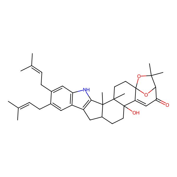 2D Structure of 19-Hydroxy-4,5,24,24-tetramethyl-10,11-bis(3-methylbut-2-enyl)-25,26-dioxa-7-azaheptacyclo[21.2.1.01,20.04,19.05,16.06,14.08,13]hexacosa-6(14),8(13),9,11,20-pentaen-22-one