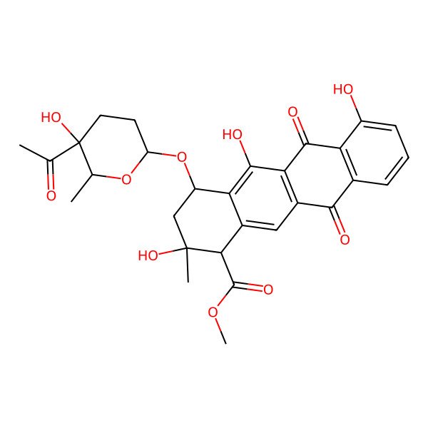 2D Structure of methyl 4-(5-acetyl-5-hydroxy-6-methyloxan-2-yl)oxy-2,5,7-trihydroxy-2-methyl-6,11-dioxo-3,4-dihydro-1H-tetracene-1-carboxylate