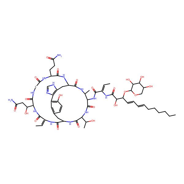 2D Structure of N-[1-[[10-(3-amino-1-hydroxy-3-oxopropyl)-4-(3-amino-3-oxopropyl)-13-ethylidene-21-hydroxy-35-(1-hydroxyethyl)-31-methyl-3,6,9,12,15,29,33,36-octaoxo-2,5,8,11,14,24,26,30,34,37-decazatetracyclo[14.12.9.118,22.023,27]octatriaconta-18(38),19,21,23(27),24-pentaen-32-yl]amino]-1-oxobut-2-en-2-yl]-2-hydroxy-3-(3,4,5-trihydroxyoxan-2-yl)oxytrideca-4,6-dienamide