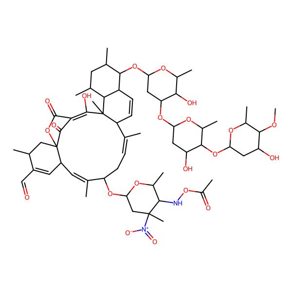 2D Structure of [[(2R,3R,4S,6R)-6-[[(1S,3R,6R,7E,9S,11E,13S,16S,17S,18S,20S,21R,22S)-4-formyl-23-hydroxy-17-[(2R,4R,5S,6S)-5-hydroxy-4-[(2S,4R,5R,6S)-4-hydroxy-5-[(2R,4R,5R,6S)-4-hydroxy-5-methoxy-6-methyloxan-2-yl]oxy-6-methyloxan-2-yl]oxy-6-methyloxan-2-yl]oxy-3,8,12,18,20,22-hexamethyl-25,27-dioxo-26-oxapentacyclo[22.2.1.01,6.013,22.016,21]heptacosa-4,7,11,14,23-pentaen-9-yl]oxy]-2,4-dimethyl-4-nitrooxan-3-yl]amino] acetate