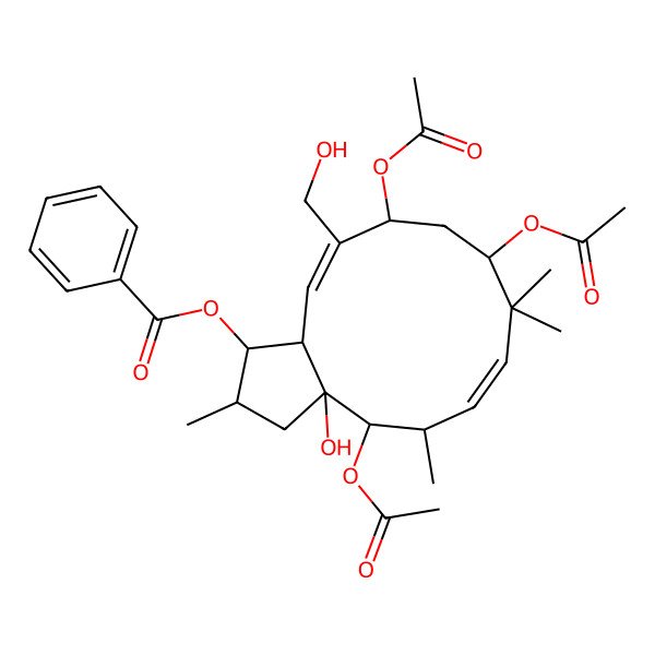 2D Structure of [4,9,11-triacetyloxy-3a-hydroxy-12-(hydroxymethyl)-2,5,8,8-tetramethyl-2,3,4,5,9,10,11,13a-octahydro-1H-cyclopenta[12]annulen-1-yl] benzoate