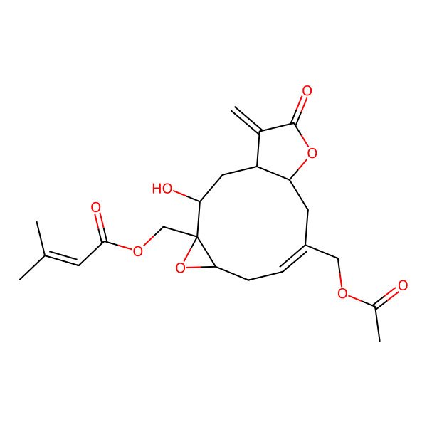 2D Structure of [9-(Acetyloxymethyl)-3-hydroxy-14-methylidene-13-oxo-5,12-dioxatricyclo[9.3.0.04,6]tetradec-8-en-4-yl]methyl 3-methylbut-2-enoate