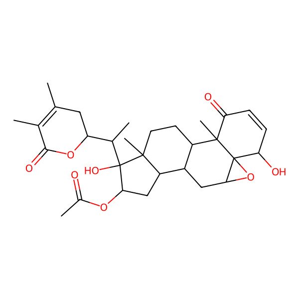 2D Structure of [15-[1-(4,5-Dimethyl-6-oxo-2,3-dihydropyran-2-yl)ethyl]-6,15-dihydroxy-2,16-dimethyl-3-oxo-8-oxapentacyclo[9.7.0.02,7.07,9.012,16]octadec-4-en-14-yl] acetate