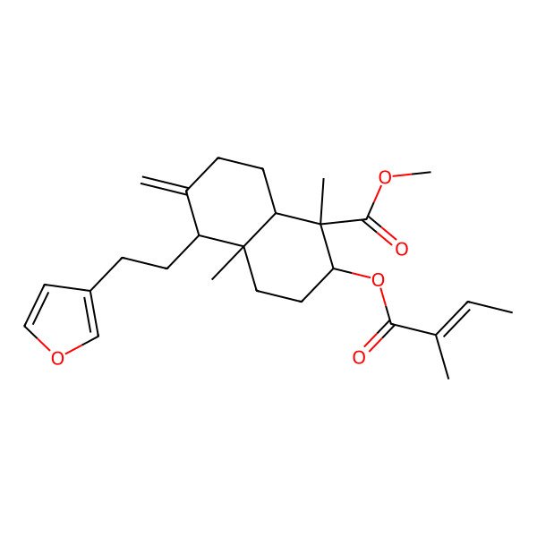 2D Structure of methyl (1R,2R,4aS,5R,8aS)-5-[2-(furan-3-yl)ethyl]-1,4a-dimethyl-2-[(Z)-2-methylbut-2-enoyl]oxy-6-methylidene-3,4,5,7,8,8a-hexahydro-2H-naphthalene-1-carboxylate