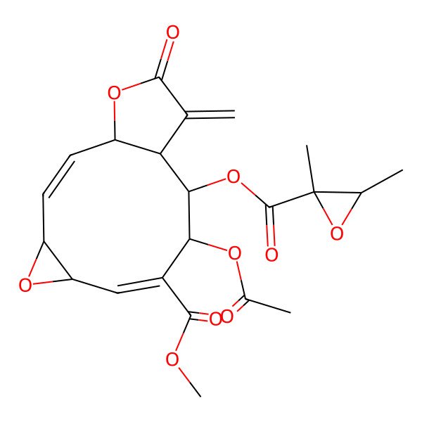 2D Structure of methyl (1R,2Z,4S,6R,7E,9R,10S,11S)-9-acetyloxy-10-[(2S,3S)-2,3-dimethyloxirane-2-carbonyl]oxy-12-methylidene-13-oxo-5,14-dioxatricyclo[9.3.0.04,6]tetradeca-2,7-diene-8-carboxylate