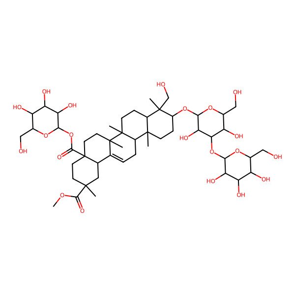 2D Structure of 2-O-methyl 4a-O-[(2S,3R,4S,5S,6R)-3,4,5-trihydroxy-6-(hydroxymethyl)oxan-2-yl] (2R,4aR,6aR,6aS,6bS,8aS,9R,10S,12aR,14bR)-10-[(2R,3R,4S,5S,6R)-3,5-dihydroxy-6-(hydroxymethyl)-4-[(2S,3R,4S,5S,6R)-3,4,5-trihydroxy-6-(hydroxymethyl)oxan-2-yl]oxyoxan-2-yl]oxy-9-(hydroxymethyl)-2,6a,6b,9,12a-pentamethyl-1,3,4,5,6,6a,7,8,8a,10,11,12,13,14b-tetradecahydropicene-2,4a-dicarboxylate