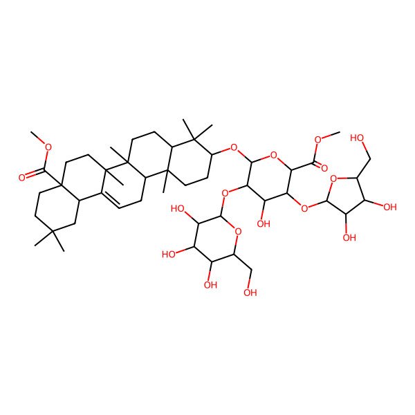 2D Structure of Methyl 6-[(8a-methoxycarbonyl-4,4,6a,6b,11,11,14b-heptamethyl-1,2,3,4a,5,6,7,8,9,10,12,12a,14,14a-tetradecahydropicen-3-yl)oxy]-3-[3,4-dihydroxy-5-(hydroxymethyl)oxolan-2-yl]oxy-4-hydroxy-5-[3,4,5-trihydroxy-6-(hydroxymethyl)oxan-2-yl]oxyoxane-2-carboxylate