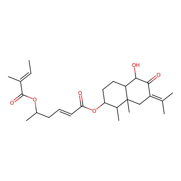 2D Structure of (5-hydroxy-1,8a-dimethyl-6-oxo-7-propan-2-ylidene-2,3,4,4a,5,8-hexahydro-1H-naphthalen-2-yl) 5-(2-methylbut-2-enoyloxy)hex-2-enoate