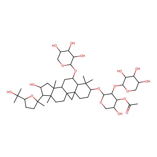 2D Structure of [(2S,3R,4S,5R)-5-hydroxy-2-[[(1S,3R,6S,8R,9S,11S,12S,14S,15R,16R)-14-hydroxy-15-[(2R,5S)-5-(2-hydroxypropan-2-yl)-2-methyloxolan-2-yl]-7,7,12,16-tetramethyl-9-[(2S,3R,4S,5R)-3,4,5-trihydroxyoxan-2-yl]oxy-6-pentacyclo[9.7.0.01,3.03,8.012,16]octadecanyl]oxy]-3-[(2S,3R,4S,5S)-3,4,5-trihydroxyoxan-2-yl]oxyoxan-4-yl] acetate