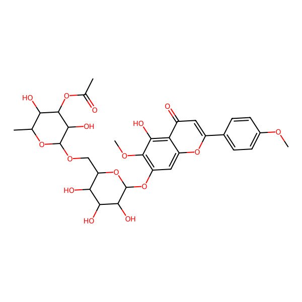 2D Structure of [(2S,3S,4R,5R,6R)-3,5-dihydroxy-2-methyl-6-[[(2R,3R,4S,5R,6S)-3,4,5-trihydroxy-6-[5-hydroxy-6-methoxy-2-(4-methoxyphenyl)-4-oxochromen-7-yl]oxyoxan-2-yl]methoxy]oxan-4-yl] acetate