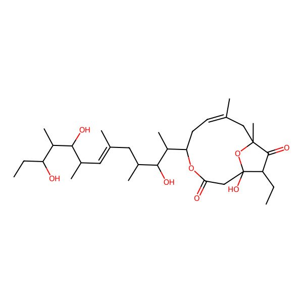 2D Structure of 12-Ethyl-1-hydroxy-8,10-dimethyl-5-(3,9,11-trihydroxy-4,6,8,10-tetramethyltridec-6-en-2-yl)-4,13-dioxabicyclo[8.2.1]tridec-7-ene-3,11-dione