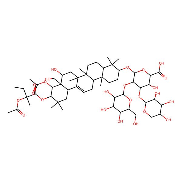 2D Structure of (2S,3S,4S,5R,6R)-6-[[(3S,4aR,6aR,6bS,8R,8aR,9R,10R,12aS,14aR,14bR)-9-acetyloxy-10-(2-acetyloxy-2-methylbutanoyl)oxy-8-hydroxy-8a-(hydroxymethyl)-4,4,6a,6b,11,11,14b-heptamethyl-1,2,3,4a,5,6,7,8,9,10,12,12a,14,14a-tetradecahydropicen-3-yl]oxy]-3-hydroxy-5-[(2S,3R,4S,5S,6R)-3,4,5-trihydroxy-6-(hydroxymethyl)oxan-2-yl]oxy-4-[(2S,3R,4S,5S)-3,4,5-trihydroxyoxan-2-yl]oxyoxane-2-carboxylic acid