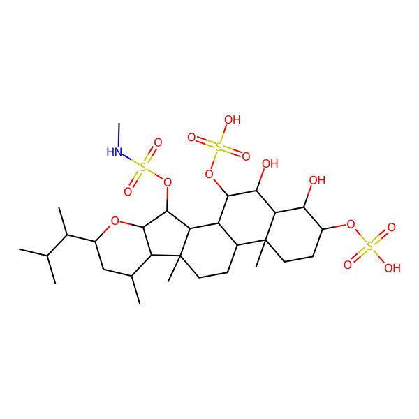 2D Structure of [(1R,2S,3S,4S,6R,8R,9R,10R,13S,14R,17R,18R,19R,20S,21R)-18,20-dihydroxy-8,10,14-trimethyl-6-[(2R)-3-methylbutan-2-yl]-3-(methylsulfamoyloxy)-17-sulfooxy-5-oxapentacyclo[11.8.0.02,10.04,9.014,19]henicosan-21-yl] hydrogen sulfate