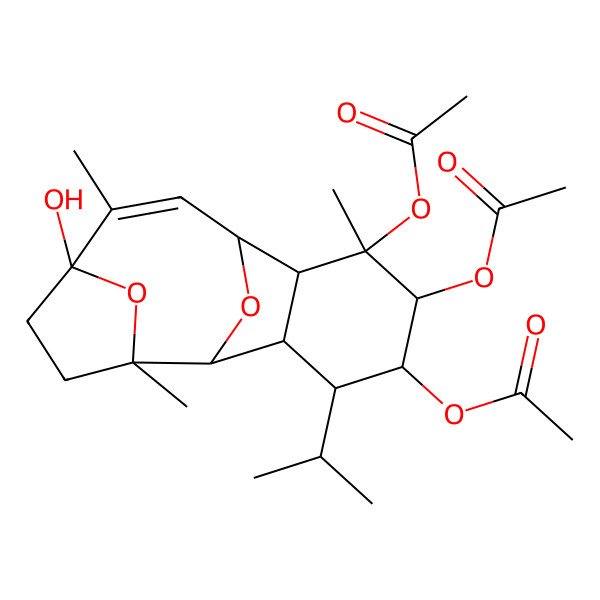 2D Structure of (10,11-Diacetyloxy-5-hydroxy-2,6,10-trimethyl-13-propan-2-yl-15,16-dioxatetracyclo[6.6.1.12,5.09,14]hexadec-6-en-12-yl) acetate