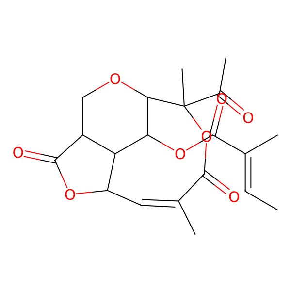 2D Structure of [(1R,4S,7S,8R,11Z,13S,14S)-8-acetyl-8,11-dimethyl-3,10-dioxo-2,6,9-trioxatricyclo[5.5.2.04,13]tetradec-11-en-14-yl] (Z)-2-methylbut-2-enoate
