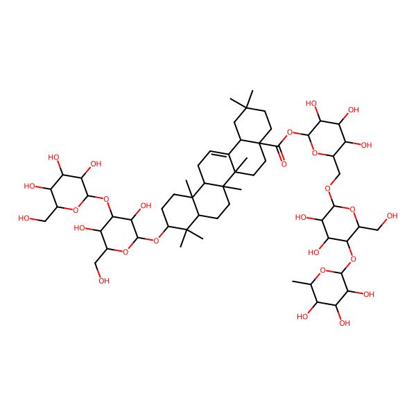 2D Structure of [6-[[3,4-Dihydroxy-6-(hydroxymethyl)-5-(3,4,5-trihydroxy-6-methyloxan-2-yl)oxyoxan-2-yl]oxymethyl]-3,4,5-trihydroxyoxan-2-yl] 10-[3,5-dihydroxy-6-(hydroxymethyl)-4-[3,4,5-trihydroxy-6-(hydroxymethyl)oxan-2-yl]oxyoxan-2-yl]oxy-2,2,6a,6b,9,9,12a-heptamethyl-1,3,4,5,6,6a,7,8,8a,10,11,12,13,14b-tetradecahydropicene-4a-carboxylate