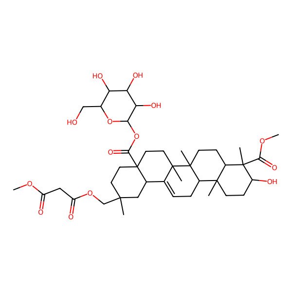 2D Structure of 4-O-methyl 8a-O-[(2S,3R,4S,5S,6R)-3,4,5-trihydroxy-6-(hydroxymethyl)oxan-2-yl] (3S,4S,4aR,6aR,6bS,8aR,11R,12aS,14aR,14bR)-3-hydroxy-11-[(3-methoxy-3-oxopropanoyl)oxymethyl]-4,6a,6b,11,14b-pentamethyl-1,2,3,4a,5,6,7,8,9,10,12,12a,14,14a-tetradecahydropicene-4,8a-dicarboxylate