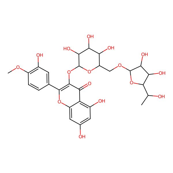 2D Structure of 3-[(2S,3R,4S,5S,6R)-6-[[(2R,3R,4S,5S)-3,4-dihydroxy-5-[(1S)-1-hydroxyethyl]oxolan-2-yl]oxymethyl]-3,4,5-trihydroxyoxan-2-yl]oxy-5,7-dihydroxy-2-(3-hydroxy-4-methoxyphenyl)chromen-4-one