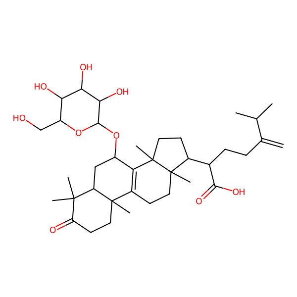 2D Structure of (2R)-6-methyl-5-methylidene-2-[(5R,7R,10S,13R,14R,17R)-4,4,10,13,14-pentamethyl-3-oxo-7-[(2R,3R,4S,5S,6R)-3,4,5-trihydroxy-6-(hydroxymethyl)oxan-2-yl]oxy-1,2,5,6,7,11,12,15,16,17-decahydrocyclopenta[a]phenanthren-17-yl]heptanoic acid