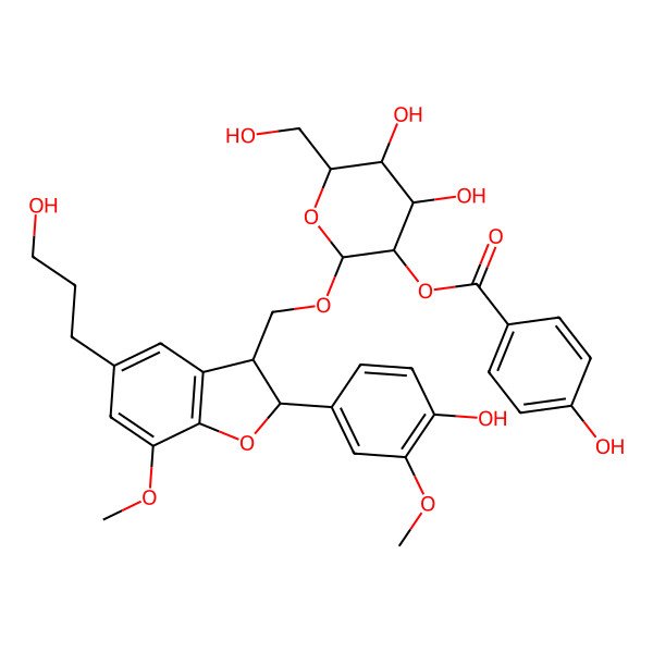 2D Structure of [(2R,3R,4S,5S,6R)-4,5-dihydroxy-2-[[(2R,3S)-2-(4-hydroxy-3-methoxyphenyl)-5-(3-hydroxypropyl)-7-methoxy-2,3-dihydro-1-benzofuran-3-yl]methoxy]-6-(hydroxymethyl)oxan-3-yl] 4-hydroxybenzoate