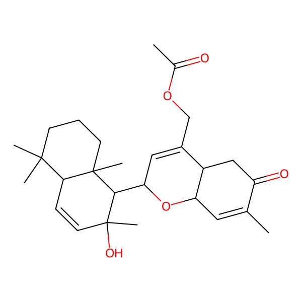 2D Structure of [2-(2-hydroxy-2,5,5,8a-tetramethyl-4a,6,7,8-tetrahydro-1H-naphthalen-1-yl)-7-methyl-6-oxo-2,4a,5,8a-tetrahydrochromen-4-yl]methyl acetate