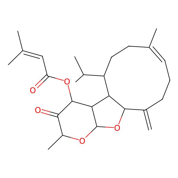 2D Structure of [(1R,5E,9R,10S,11R,12R,14R,16R)-6,14-dimethyl-2-methylidene-13-oxo-9-propan-2-yl-15,17-dioxatricyclo[8.7.0.011,16]heptadec-5-en-12-yl] 3-methylbut-2-enoate