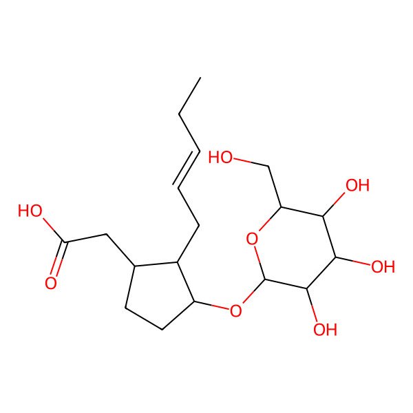 2D Structure of Cyclopentaneacetic acid, 3-(beta-D-glucopyranosyloxy)-2-(2-pentenyl)-, [1R-[1alpha,2beta(Z),3alpha]]-