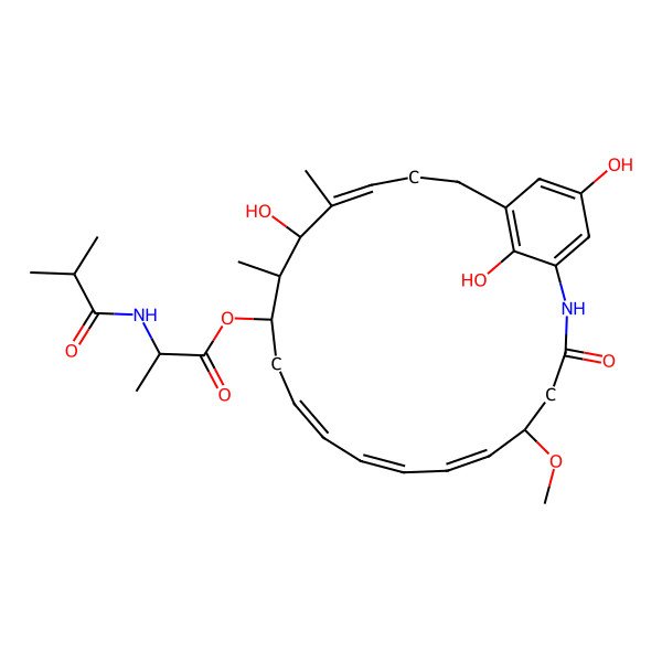 2D Structure of [(5R,6E,8E,10E,13S,14S,15R,16E)-15,22,24-trihydroxy-5-methoxy-14,16-dimethyl-3-oxo-2-azabicyclo[18.3.1]tetracosa-1(23),6,8,10,16,20(24),21-heptaen-13-yl] (2R)-2-(2-methylpropanoylamino)propanoate