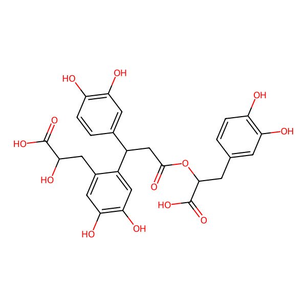 2D Structure of (2R)-2-[(3S)-3-[2-[(2R)-2-carboxy-2-hydroxyethyl]-4,5-dihydroxyphenyl]-3-(3,4-dihydroxyphenyl)propanoyl]oxy-3-(3,4-dihydroxyphenyl)propanoic acid