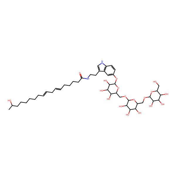 2D Structure of (6Z,9Z,17S)-17-hydroxy-N-[2-[5-[(2S,3S,4S,5S,6S)-3,4,5-trihydroxy-6-[[(2R,3S,4S,5S,6S)-3,4,5-trihydroxy-6-[[(2R,3S,4R,5S,6S)-3,4,5-trihydroxy-6-(hydroxymethyl)oxan-2-yl]oxymethyl]oxan-2-yl]oxymethyl]oxan-2-yl]oxy-1H-indol-3-yl]ethyl]octadeca-6,9-dienamide