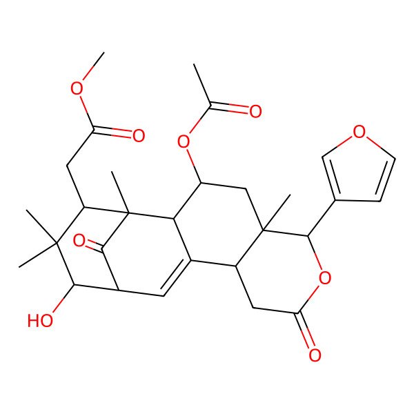 2D Structure of methyl 2-[(2S,3R,5R,6R,10S,13S,14R,16S)-3-acetyloxy-6-(furan-3-yl)-14-hydroxy-1,5,15,15-tetramethyl-8,17-dioxo-7-oxatetracyclo[11.3.1.02,11.05,10]heptadec-11-en-16-yl]acetate