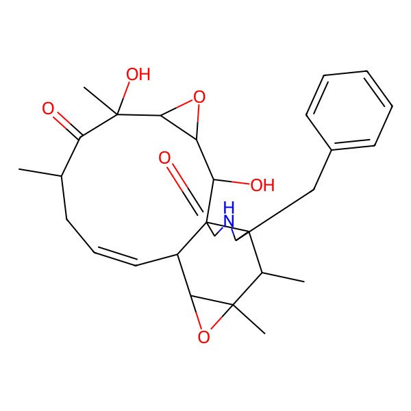 2D Structure of 18-Benzyl-2,6-dihydroxy-6,8,15,16-tetramethyl-4,14-dioxa-19-azapentacyclo[10.8.0.01,17.03,5.013,15]icos-10-ene-7,20-dione