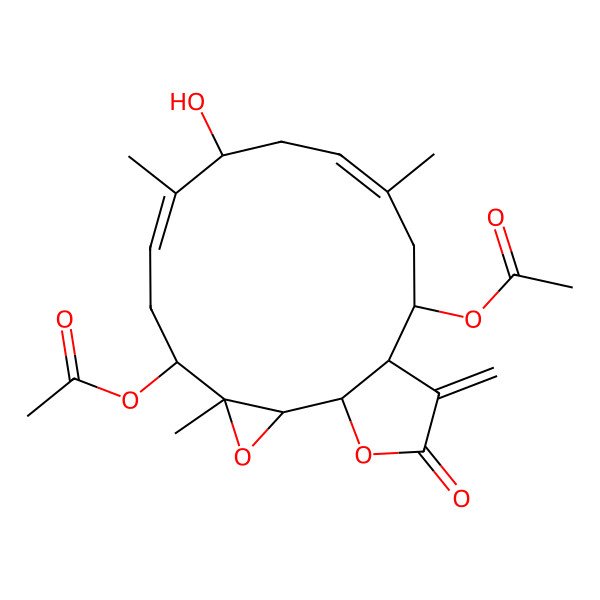 2D Structure of (14-Acetyloxy-9-hydroxy-4,8,12-trimethyl-16-methylidene-17-oxo-3,18-dioxatricyclo[13.3.0.02,4]octadeca-7,11-dien-5-yl) acetate