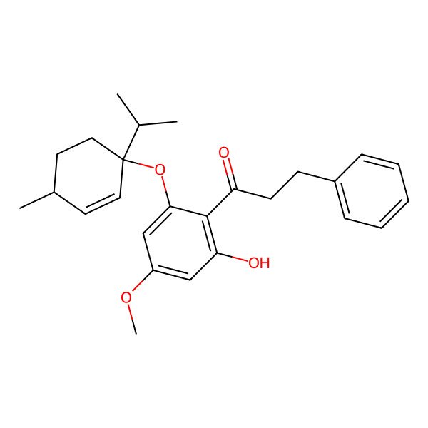 2D Structure of 1-[2-hydroxy-4-methoxy-6-[(1S,4R)-4-methyl-1-propan-2-ylcyclohex-2-en-1-yl]oxyphenyl]-3-phenylpropan-1-one