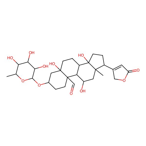 2D Structure of (3S,5S,8R,9S,10S,11R,13R,14S,17R)-5,11,14-trihydroxy-13-methyl-17-(5-oxo-2H-furan-3-yl)-3-[(2R,3S,4R,5R,6S)-3,4,5-trihydroxy-6-methyloxan-2-yl]oxy-2,3,4,6,7,8,9,11,12,15,16,17-dodecahydro-1H-cyclopenta[a]phenanthrene-10-carbaldehyde
