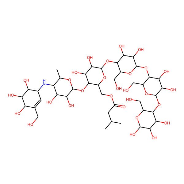 2D Structure of [(3R,6S)-6-[(3R)-6-[(3R)-4,5-dihydroxy-2-(hydroxymethyl)-6-[(3R)-4,5,6-trihydroxy-2-(hydroxymethyl)oxan-3-yl]oxyoxan-3-yl]oxy-4,5-dihydroxy-2-(hydroxymethyl)oxan-3-yl]oxy-3-[(5R)-3,4-dihydroxy-6-methyl-5-[[(4R)-4,5,6-trihydroxy-3-(hydroxymethyl)cyclohex-2-en-1-yl]amino]oxan-2-yl]oxy-4,5-dihydroxyoxan-2-yl]methyl 3-methylbutanoate