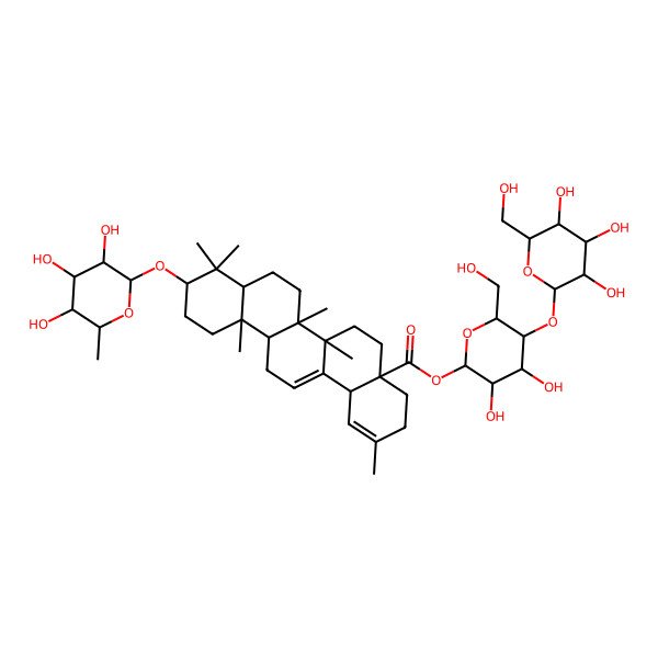 2D Structure of [(2S,3R,4R,5R,6R)-3,4-dihydroxy-6-(hydroxymethyl)-5-[(2S,3R,4S,5S,6R)-3,4,5-trihydroxy-6-(hydroxymethyl)oxan-2-yl]oxyoxan-2-yl] (4aS,6aR,6aS,6bR,8aR,10S,12aR,14bS)-2,6a,6b,9,9,12a-hexamethyl-10-[(2R,3R,4R,5R,6S)-3,4,5-trihydroxy-6-methyloxan-2-yl]oxy-4,5,6,6a,7,8,8a,10,11,12,13,14b-dodecahydro-3H-picene-4a-carboxylate